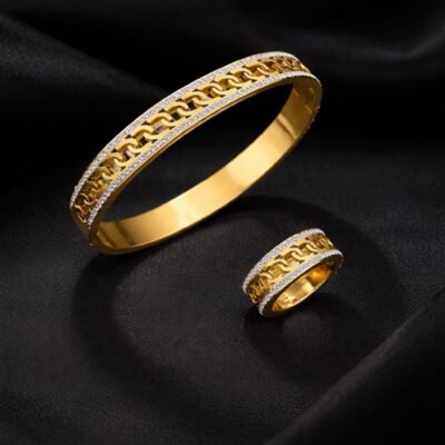 Golden Floral Handcuff & Ring Set