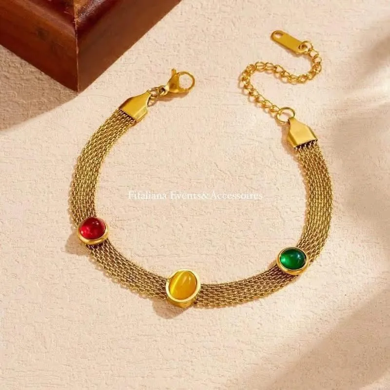 Elegant 3 Stone Gold Mesh Bracelet - Image 4